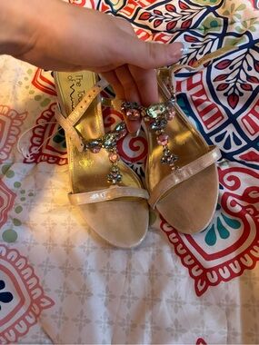 ASOS Gold T-Strap Heeled Sandals with Multicolor Gem Accents